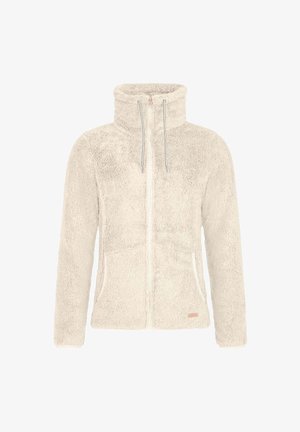 Veste en polaire couleur crème avec un col montant, une fermeture éclair sur le devant, un cordon de serrage et deux poches latérales. Finition en tissu doux et texturé.