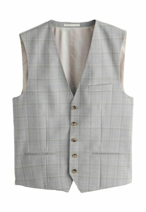 Light gray sleeveless vest with subtle check pattern, five brown buttons, and three front pockets, shown flat on white background.