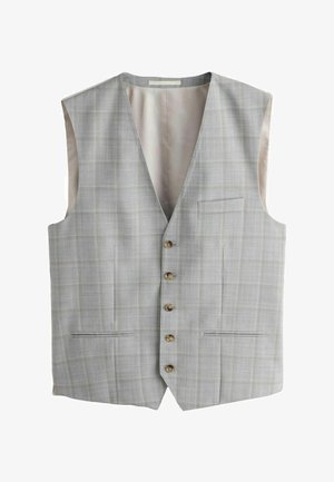Light gray sleeveless vest with subtle check pattern, five brown buttons, and three front pockets, shown flat on white background.