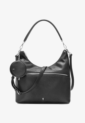 Czarna skórzana torebka o teksturowej powierzchni, ze srebrnym zamkiem błyskawicznym, odczepianym paskiem na ramię oraz okrągłą kieszonką na monety przymocowaną z boku.