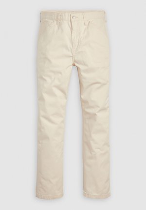Pantaloni di cotone beige con design a gamba dritta, featuring una chiusura con bottone, cinque tasche e passanti standard per cintura. Tessuto liscio.