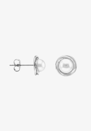 Silberne Ohrstecker mit einer glänzenden weißen Perle, die von einem gedrehten Silberband umringt ist und ein schlankes, rundes Design zeigt.