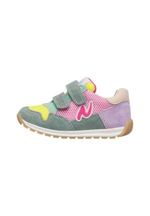 Children's sneaker with double velcro straps, featuring green suede, pink mesh, yellow accents, and a light purple heel on a white sole.