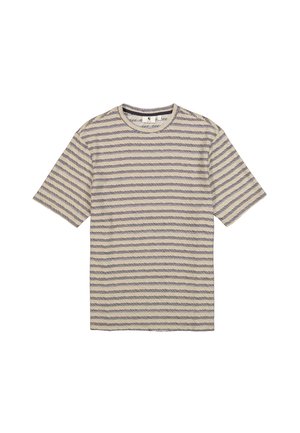 Gestreept T-shirt met korte mouwen in beige met donkerblauwe golvende lijnen. Gemaakt van katoen, ronde hals, ontspannen pasvorm, zichtbare stiksels langs de randen.