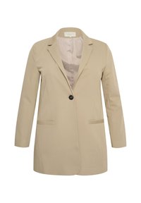 Blazer beige avec manches longues, revers crantés, fermeture à un bouton et deux poches avant. Tissu lisse avec un éclat subtil.
