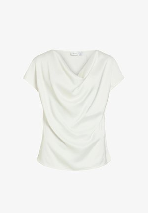 Weiße Bluse mit kurzen Ärmeln, drapiertem Ausschnitt und lockerem Schnitt, aus glattem Stoff, auf weißem Hintergrund präsentiert.