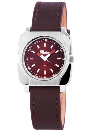 Quartz wristwatch with a square chrome case, burgundy textured dial, white hour markers, and brown leather strap.