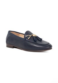 Navy leather loafer with a rounded toe, decorative gold hardware, and tassel accents. Flat sole with subtle stitching details.
