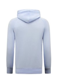 Lichtblauwe hoodie met een voorzak, verstelbare capuchon met trekkoord en geribbelde manchetten. Zachte stof met een gladde textuur.