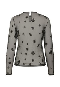 Durchsichtige schwarze Bluse mit langen Ärmeln und schwarzen Pailletten-Blumenverzierungen, kleiner Schlüsselverschluss am Rücken des Ausschnitts.