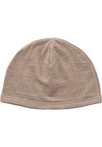 Beige stickad mössa gjord av stretchigt material, med en smidig yta och subtila horisontella ränder, med "ENDURANCE"-logotypen på sidan.