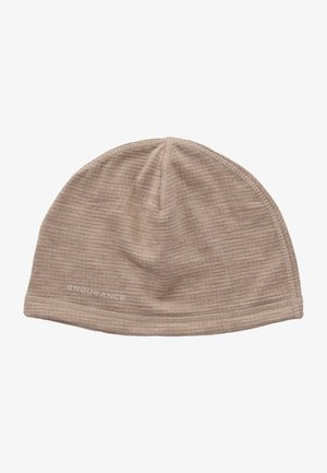Beige Strickmütze aus dehnbarem Material, mit glatter Textur und subtilen horizontalen Streifen, mit dem "ENDURANCE"-Logo an der Seite.