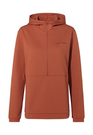 Oranje hoodie met een halve ritssluiting, textuurstof, kangoeroe zak en zwart logo op de borst.