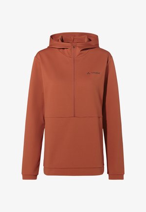 Oranje hoodie met een halve ritssluiting, textuurstof, kangoeroe zak en zwart logo op de borst.