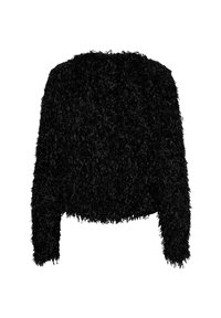 Zwarte crop trui met een harige textuur en lange mouwen. Zachte materialen zorgen voor een luchtige uitstraling met een ronde halslijn.