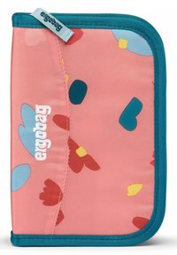 Roze ritszak met een teal rand, voorzien van kleurrijke abstracte vormen in blauw, rood en geel. Merkenlogo "ergobag" weergegeven.