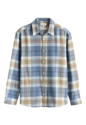 Camicia a maniche lunghe con bottoni, motivo a quadri blu, beige e bianco e colletto appuntito.