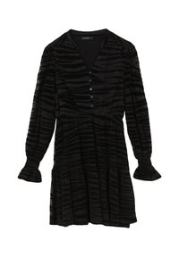 Svart klänning med strukturerade ränder, V-ringning, knäppningar, långa ärmar med volangmuddar och en tierad kjol.