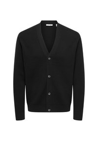 Cardigan nero con scollo a V, maniche lunghe e sei bottoni. Realizzato in materiale morbido, con una texture liscia e un design semplice.