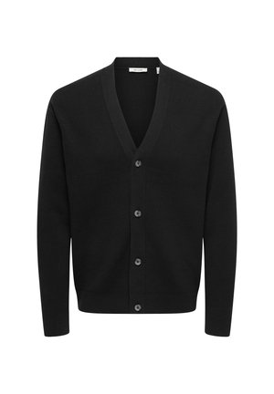 Melnā kardigāns ar V veida izgriezumu, garām piedurknēm un sešiem pogu aizdares elementiem. Izgatavots no mīksta materiāla, ar gludu tekstūru un vienkāršu dizainu.