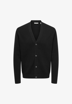 Zwarte cardigan met een V-hals, lange mouwen en zes knopen. Gemaakt van een zacht materiaal, met een gladde textuur en eenvoudig ontwerp.