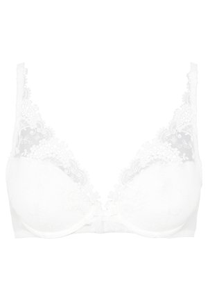 Witte kanten beha met gevormde cups, bloemenpatroon op het kant, verstelbare banden en een klein strikje in het middenvoor.