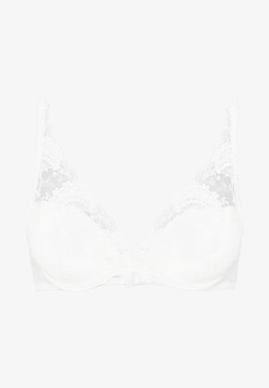 White lace bra with molded cups, floral pattern on the lace, adjustable straps, and a small bow detail at the center front.