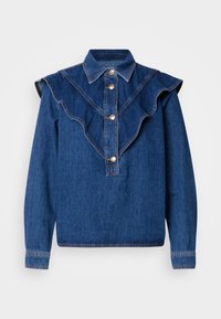 Πουκάμισο από τζιν σε σκούρο μπλε χρώμα με ριχτό γιακά, μπροστινό κλείσιμο με κουμπιά και μακριά μανίκια. Διαθέτει διακριτές λεπτομέρειες ραφής και άνετη εφαρμογή.