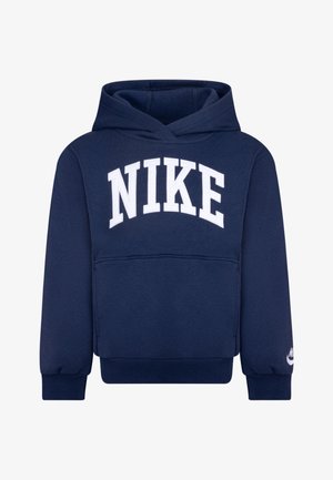 Felpa Nike blu navy con logo bianco, tasca a marsupio, polsini e orlo a costine. Tessuto morbido con design classico a pullover e cappuccio.