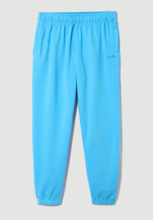 Gaiši zili sporta bikses, kas izgatavotas no mīkstas auduma, ar elastīgu jostasvietu, divām sānu kabatām un sašaurinātiem kakliem pie potītēm.