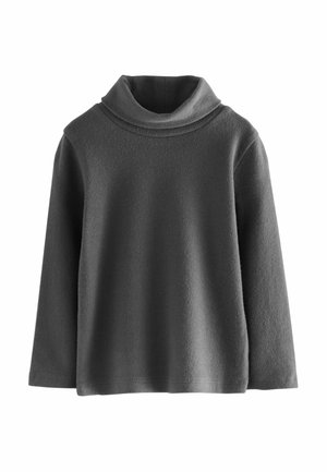 Pull-over en polaire gris foncé à manches longues avec un large col roulé replié, présenté sur un fond blanc.