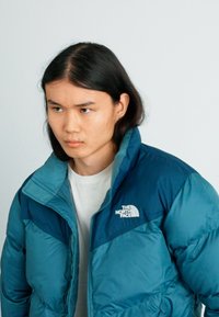 Teal puffer jakna s visokim ovratnikom, koja ima patentni zatvarač sprijeda i logo North Face na lijevoj strani prsnog koša. Glatka tekstura i izolirani dizajn.