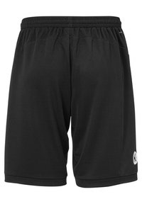 Pantaloni sportivi neri con vita elasticizzata, texture liscia, tasche laterali e un logo riflettente sul lato destro inferiore.