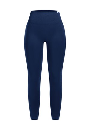 Leggings blu navy con un alto cinturino in vita, realizzati in un tessuto elastico. Presentano una texture liscia e un design aderente, che si restringe alle caviglie.