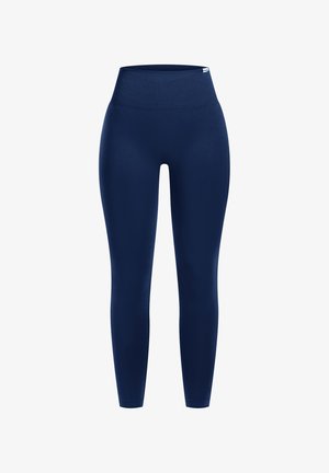 Leggings blu navy con un alto cinturino in vita, realizzati in un tessuto elastico. Presentano una texture liscia e un design aderente, che si restringe alle caviglie.