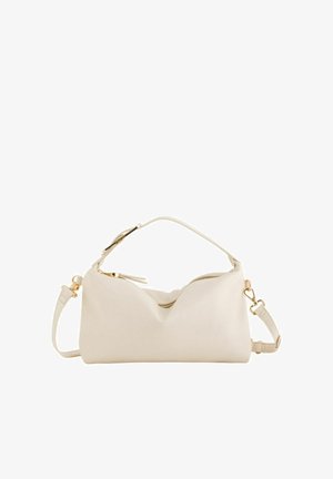 Sac à main en cuir souple couleur crème avec poignée supérieure, bandoulière amovible, et fermeture éclair ainsi que détails en métal doré.