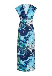 Maxikleid mit tiefem V-Ausschnitt, kurzen Ärmeln und einem elastischen Taillenbund. Verfügt über ein wirbelndes blaues, grünes und weißes Marmor-Muster. Glattes Material.