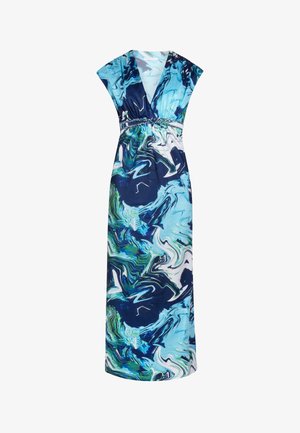 Maxi-kjole med dyb V-udskæring, korte ærmer og elastisk talje. Har et bølgende mønster i blå, grøn og hvid marmorering. Glat stof.