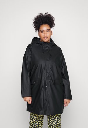 Musta veekindel parka kapuutsiga, pikkade varrukatega, eest nupuga kinnitatav ja kahe külje taskuga, mis on sileda ja läikiva tekstuuriga.