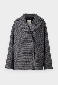 Dobbeltradet frakke i et houndstooth-mønster med mørkeblå og lys grå nuancer, brede klapper, to forlommer og sorte knapper.