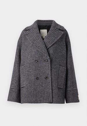 Double-breasted coat in a houndstooth pattern, featuring dark blue and light gray tones, wide lapels, two front pockets, and black buttons.