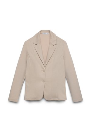Blazer beige, design su misura, monopetto con due bottoni, rever a lancia, dettaglio con cucitura singola sul petto e tessuto dalla texture liscia.