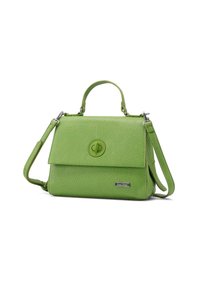 Borsa a tracolla in pelle verde con finitura testurizzata, forma rettangolare, manico superiore e tracolla rimovibile. Presenta una chiusura circolare e un dettaglio con logo.