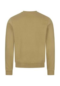 Kaki Sweatshirt, Baumwollmischung, Rundhalsausschnitt, lange Ärmel, gerippte Bündchen und Saum, glatte Textur, einfarbig, minimalistische Details.