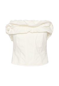 Balta off-the-shoulder bliusonė su dideliu pūstiniu apvadu, prigludusia liemeniu ir vertikaliomis siūlėmis. Pagaminta iš lygaus audinio su struktūrizuota siluetu.