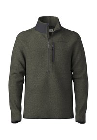 Pullover in felpa verde oliva con colletto con zip, dotato di tasca sul petto e dettagli neri a contrasto su colletto e orlo.
