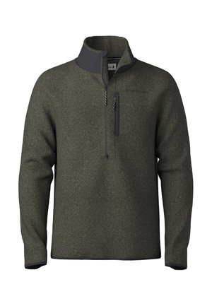 Olivengrøn pullover fleece med lynlås i kraven, udstyret med en brystlomme og kontrastfarvede sorte detaljer på kraven og kanten.
