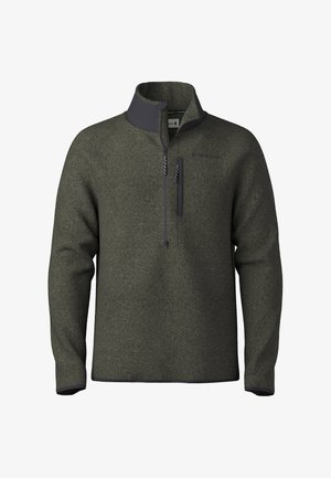 Olivgrüner Fleece-Pullover mit Reißverschlusskragen, ausgestattet mit einer Brusttasche und kontrastierenden schwarzen Akzenten am Kragen und Saum.