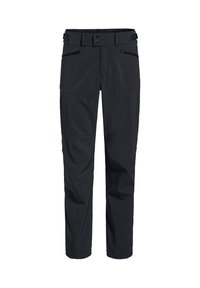 Svarta vattentäta utomhusbyxor med en figurnära design, justerbart midjeband och fickor med dragkedja på framsidan. Slät textur.