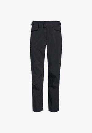 Schwarze wasserdichte Outdoor-Hosen mit taillierter Passform, verstellbarem Bund und Reißverschlusstaschen an den Seitenteilen. Glatter Stoff.